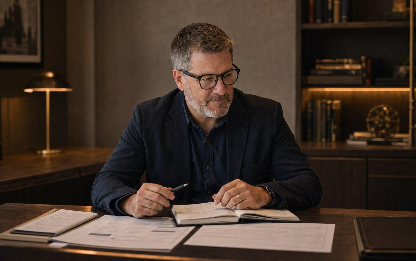 Gavin Woodhouse reviewing advisory documents at a desk
